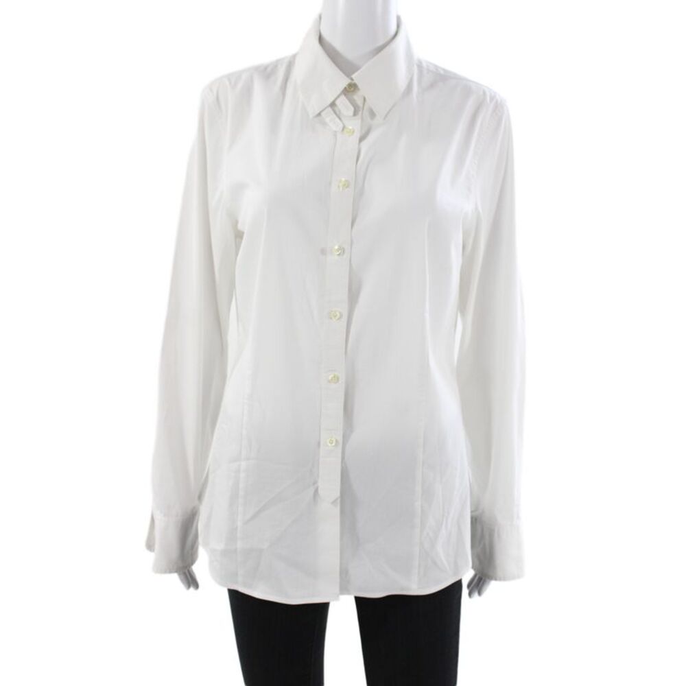 Paper White Women Basic Button-Up White Collared Long Sleeve 64% Cotton Size 14